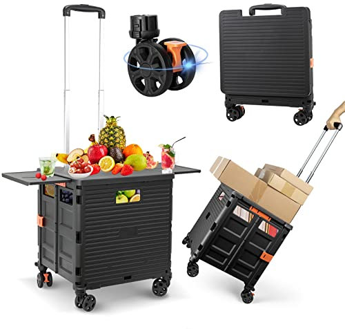 Foldable Shopping Trolley with Extended Lid Wear-Resistant Noiseless 360°Rotate Wheels & Adjustable Aluminum Alloy Handle Folding Boot Cart, 80KG/176LBS Load Capacity, Heavy Duty Durable Dolly Cart