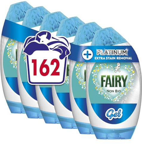 Fairy Detergente líquido para lavar ropa Non-Bio Platinum, 162 lavados (5.67 L x 6), Touch of Lenor frescura de larga duración, limpieza brillante incluso en un lavado frío