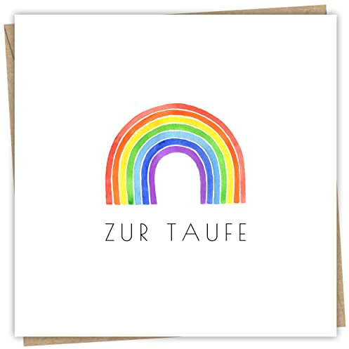 Hochwertig Karte zur Taufe mit Umschlag aus Kraftpapier - Taufkarte für Mädchen und Jungen 15x15 cm - Ideale Glückwunschkarte zur Taufe für das Patenkind als Klappkarte mit Regenbogen Motiv