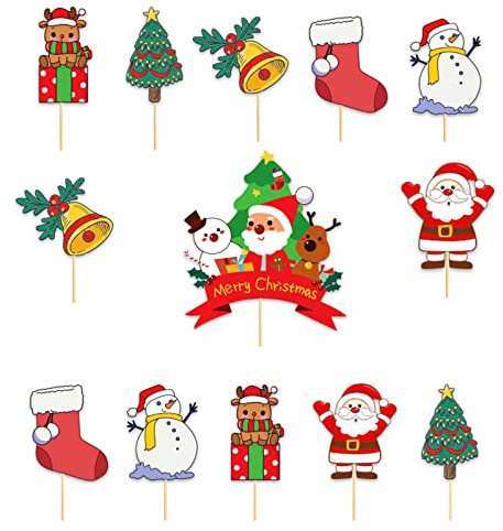 13 Pcs Christmas Cake Toppers Decoration Christams Themed Santa Snowman Deer Bell Cup Cake Toppers Xmas Cake Topper Christmas Cake Decoration for Christmas Party