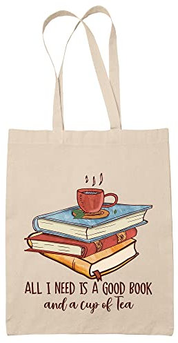 Faithful Prints All I Need Is A Good Book And A Cup Of Tea Tote Bag | 100% Cotton Shopping Bag for Book Lovers | Christmas, Birthday Present | One Size Natural