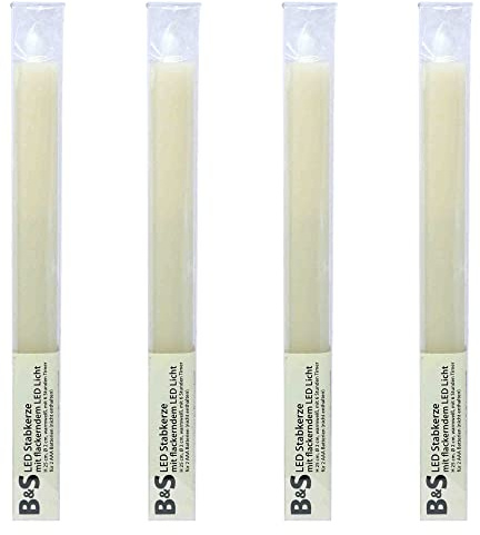 B & S LED Kerze 4er SET Tafelkerze Stabkerze Echtwachs flackereffekt und Timer weiß