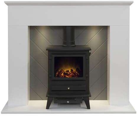 Adam Corinth Stove Fireplace in Pure White & Grey with Downlights & Hudson Electric Stove in Black, 48 Inch