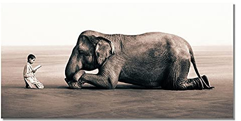 GEMMII Boy Reading to Elephant Leinwand Druck Wandbild, Painting Ashes and Snow Posters and Prints Wall Art Animals Pictures for Home Decor 60x120cm Rahmenlos