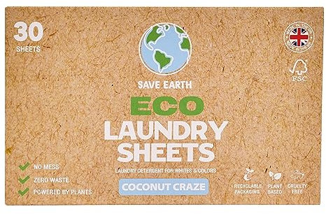 Save Earth UK Laundry Detergent Sheets - Coconut - Eco-Friendly, Biodegradable Ingredients & No Harsh Chemicals, 30 Loads
