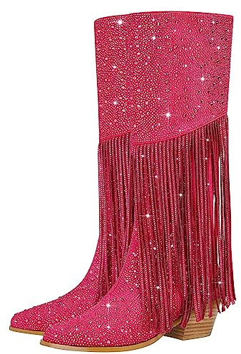 CRETUAO Bottes Hautes au Genou avec Franges en Strass Femmes,Talon Bas épais et Bout Pointu Bottes Cow-Boy occidentales à mi-Mollet,Bottes Longues Cow-Girl avec Cristaux Scintillants,Rose,37 EU