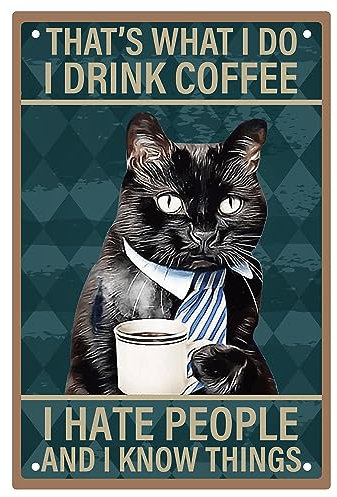CREATCABIN Schwarze Katze Blechschild Kaffee Metallschilder Vintage Plaketten Galerie Wandschilder Retro Poster Kunstdruck Dekor Hängende Eisenmalerei Zitaten Für Zuhause Geschäft Geschenke 8x12Zoll