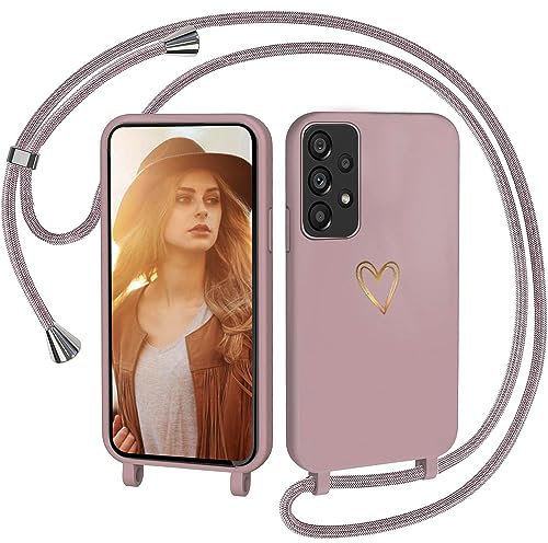 CaseLover Coque avec Cordon pour Samsung Galaxy A52S 5G/A52 5G, Coque de Cellulaire Corde Silicone Étui en Motif Coeur avec Réglable Collier Téléphone Chaîne Lanyard Case Housse pour A52 4G/5G, Pink