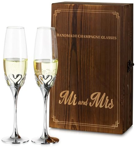 NUPTIO Verre Champagne Mariage Cadeau: Lot de 2 Cygne Cristal Flute Argent avec Coffret Bois pour Femme Couple Anniversaire Fiancailles Souvenir