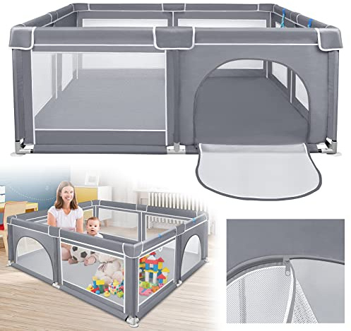 ACXIN Laufstall Baby Laufgitter 180x200x68cm mit Rutschfester Basis und Atmungsaktivem Netz, Stabiler Absperrgitter Aktivitätszentrum für Kinder, Grau