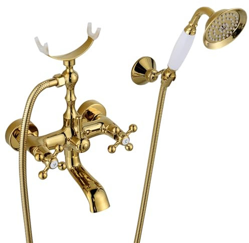 BiaoTeng Robinet De Baignoire Vintage or 2 Fonctions Robinet De Baignoire Mural Mitigeur Laiton Mitigeur De Baignoire Antique Avec Douchette Mitigeur Baignoire Retro