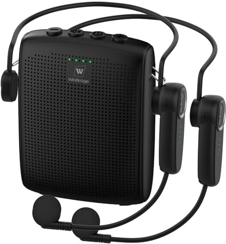 Amplificador de Voz inalámbrico WinBridge con Dos micrófonos de Auriculares Bluetooth, Altavoz portátil y micrófono para Profesores, megáfono portátil con Sonido Claro de 15W|2600mAh WB002 Plus