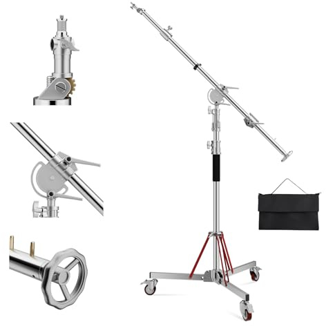 Soonpho L5-120 Plus Pro Light Stand 100% Edelstahl Lichtstativ C Stand mit Rollen und Galgen,Metal Heavy C-Stand Schwerlast max. Höhe 420 cm (13,77 Fuß) mit Galgen 250 cm (8.2 Fuß) für Pro Studio