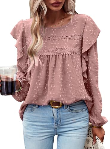 MYCOLORBLUE Blusen Tuniken für Damen Elegant Rüschenärmel Swiss Dot Spitzenbesatz Vorne Falten Streetwear Rundhals Hemdbluse Rosa S