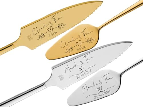 Tortenheber inkl. Tortenmesser im Set personalisiert | Gravur Wunschtext | Geschenk zur Hochzeit | Jahrestag | Namen Herz Gold o. Silber