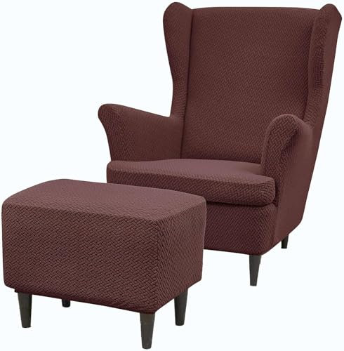 HACLEN Ohrensessel Bezug mit Ottoman Bezug, Jacquard Ohrensessel Schonbezug mit Kissenbezug dehnbarer waschbarer Ohrensessel-Bezug (braun,Einheitsgröße)