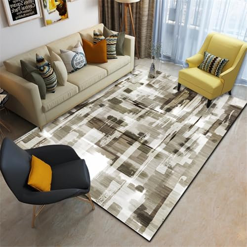 Tzvpsu Büroteppich Weiß Braun Tinte Design Waschbar Haltbar Teppich,teppichläufer küche Bad teppiche 180x250cm