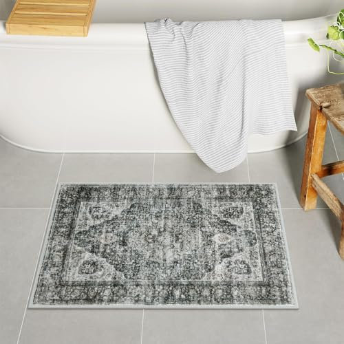 Uphome Boho-Badezimmerteppich, Used-Look, brauner Badematte, bequemer Samt, klein, rutschfest, waschbar, orientalischer Vintage-WC-Vorleger für Waschbecken, Dusche, Waschtisch, 45,7 x 66 cm