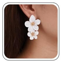 TseenYi Boho Weiße Blume Doppelte Baumeln Tropfen Ohrringe - Blütenblatt Große Metall Floral Braut Schmuck