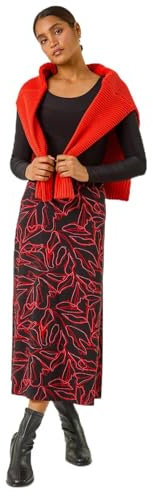 Roman Originals Jersey Skirt for Women UK - Ladies Midi Maxi Floral Animal Print Autumn Winter Swing Smart Casual Office Cocktail Party Going Out Evening Holiday Cruise - Red Black - Size 12