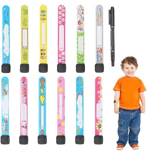 12 Pièces Bracelets Identification pour Enfants, Bracelet Securite Réutilisables et Étanches, Bracelets d'Urgence avec Marqueur, Anti Perte Bracelet Idéal pour Voyages, Écoles et Activités