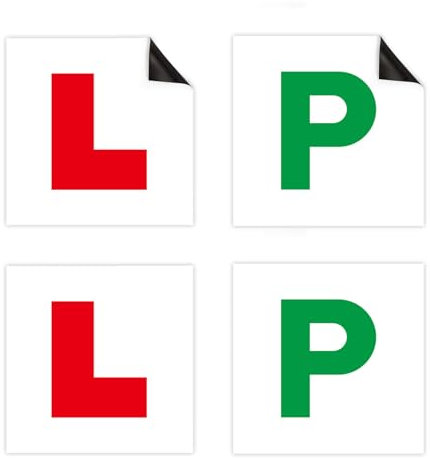 4 Pack Magnetic L & P Plates for Cars UK, Fully Magnetic L & P Plates for New Drivers, Learner & Passed, Highway Code UK Road Legal, Thick & Extra Strong Hold, No Paint Scratches (Red & Green)
