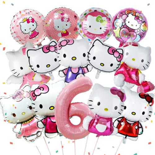 14 Stück Ki-tty Geburtstagsdeko Folienballon 6 Jahre, Cute Kindergeburtstag Deko, Cartoon Luftballons Geburtstag Dekoration Set mit Banner für Kinder Mädchen Katzen kity Themenpartys Dekorationen
