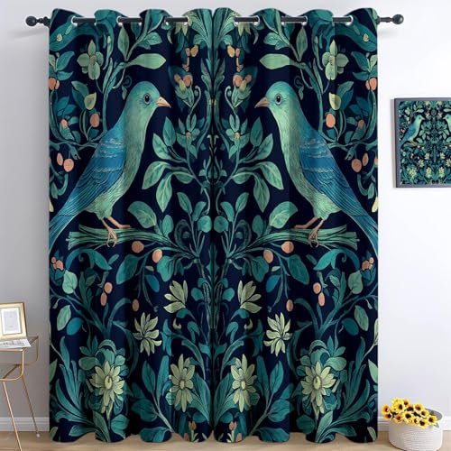 Blaugrün Vorhänge William Morris Wald Vögel Gardinen mit Ösen Vorhang Blickdicht Verdunklungsvorhänge Schiebevorhänge Schlafzimmer Wohnzimmer & Kinderzimmer Blackout Curtain 2er Set H215 x B110 cm