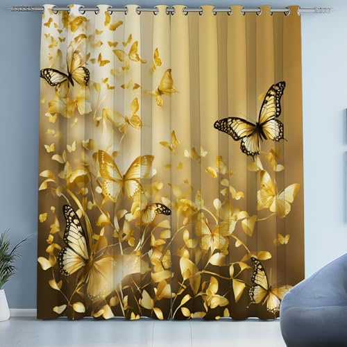 Sobhdga Vorhang Blickdicht Schmetterling Gold, Luxus Art Gardinen mit Ösen 2er Set, Vorhänge Chic Kunst, Thermovorhang Kälteschutz für Wohnzimmer Schlafzimmer H 214 x B 66 cm