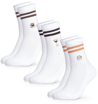 Occulto Damen & Herren Motiv Tennissocken mit Streifen 3er Pack (Modell: Summer), Statement Tennis Socken Kaffee 35-38