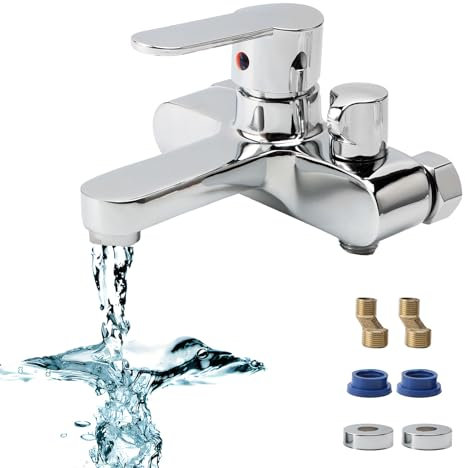 Fesatccoz Grifo mezclador para bañera y ducha, grifo mezclador de bañera de una sola manija, salida de 1/2 pulgada, grifo mezclador de baño montado en la pared con boquilla giratoria
