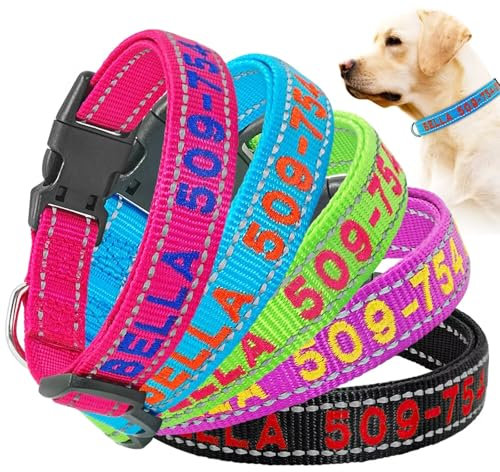 Personalisierte reflektierende Hundehalsbänder, gestickter Name/Telefonnummer, D-Ring-Schnalle mit Schnellverschluss, weiches Nylon, personalisiertes verstellbares Haustierhalsband, 4 Größen für Hund