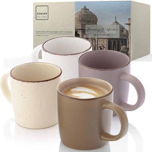 SÄNGER Bombay Erdfarben | Kaffeebecher 4 teilig, Steingut Tassen Set für 4 Personen, Tassen, spülmaschinen- mikrowellenfest, Coffee Mug Teetasse, Kaffeetassen bunt 360 ml | VALUE COLLECTION