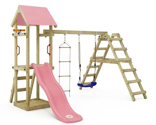 WICKEY Spielturm Klettergerüst TinyLoft mit Schaukel & Rutsche, Outdoor Kinder Kletterturm mit Sandkasten, Leiter & Spiel-Zubehör für den Garten (pastellpink)