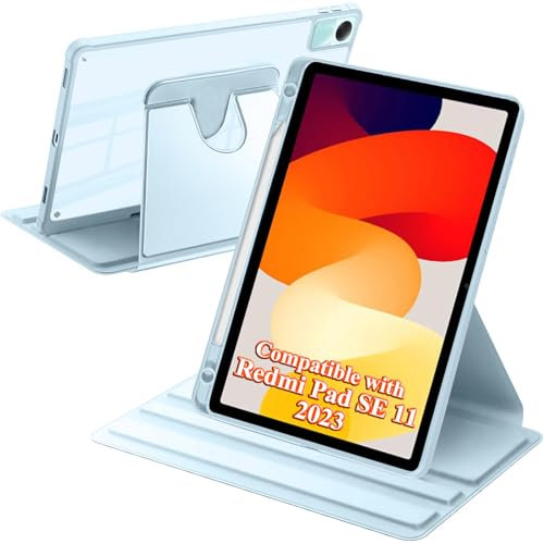 A-BEAUTY Custodia Rotante Compatibile con Xiaomi Redmi Pad SE 11 Pollici 2023, con Portapenne, Antiurto Trasparente Cover, Auto Svegliati/Sonno, Blu Cielo