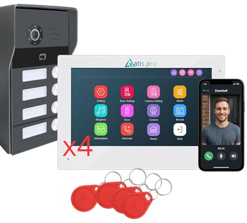 Interphone vidéo ATIS Pro, Bus 2 fils sans polarité, moniteur tactile de 7 WiFi avec détection de mouvement humain, gtabation vidéo/photo, avec lecteur RFID très facile à installer (4 logements)
