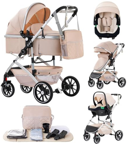 Lnhcrbs Kinderwagen 3 in 1,Reise Stroller ist Schnell mit Einem Klick Zusammenklappen,Hochformatiger Kinderwagen Set mit Vergrößertem Schlafkorb,Pram ist an den Vorderrädern abschließbar