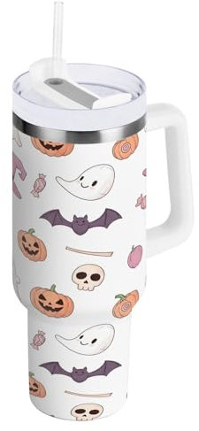 RPLIFE Bonito vaso con asa, diseño de fantasmas de Halloween, color rosa pastel, con asa, taza de café de acero inoxidable, vaso aislado