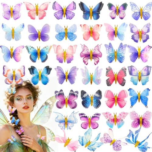 36 Pcs Glitter Butterfly Hair Clips,Y2K Butterflies Hairpins Colorful Double Layer Tulle Headwear Gift for Women,Girls,Wedding,Halloween,Cosplay,Back to School