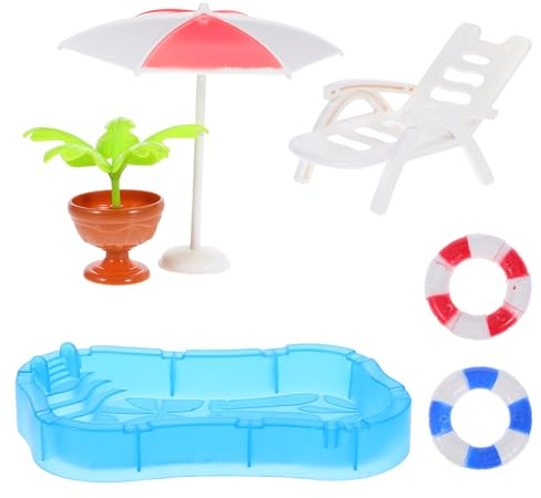 SOLUSTRE 1 set di accessori per piscina in miniatura: modelli di sedie da spiaggia e ombrelloni per casa delle bambole, per giardino delle fate fai da te e decorazione di casette giocattolo.