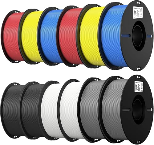 Creality Ender PLA 1,75 mm Pack de 12 Filaments pour Imprimante 3D, Anti-nœuds, Forte Adhérence et Excellente Tenue des Surplombs, Précision +/- 0,02 mm (Noir, Blanc, Gris, Bleu, Rouge, Jaune)