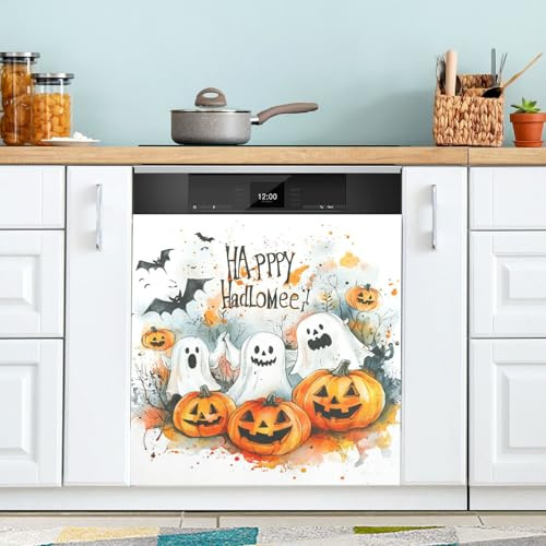 Happy Halloween Ghosts Pumpkin Dishwasher Magnetic Cover Reusable Magnet Fridge Skin Holiday Decor 58.4x66.0 cm