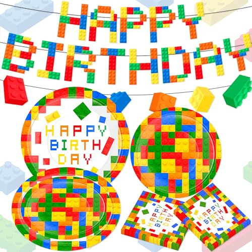 Baustein Vaisselle de fête en papier Assiettes d'anniversaire | 41 pièces Baustein Vaisselle de fête en papier Assiettes d'anniversaire Serviettes Briques de construction Guirlande