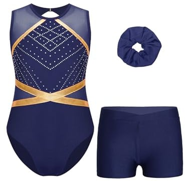 Sinleey Mädchen 3 Teiliges Gymnastikset Ärmellos Gymnastikanzug mit Shorts und Haarband Ballett Tanz Leotard Gymnastik Outfit für 5-16 Jahre