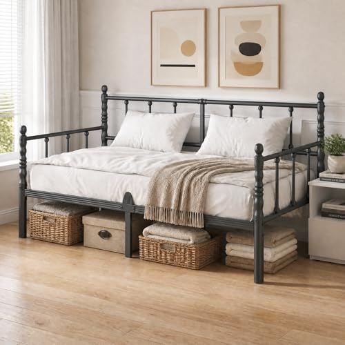 Apextella Home 3ft Single Bed Frame with Headboard,Black Metal Day Bed Frame with Mattress Slide Stopper,Underbed Storage Space, Multi-Functional Easy Assembly for Living Room, Guest Room, Small Space