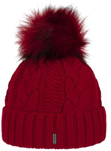 McBURN Cable Knit Umschlagmütze Bommelmütze Mütze Pudelmütze Strickmütze Damen - Made in Italy Wintermütze Wollmütze mit Umschlag, Futter, Futter Winter Herbst-Winter - One Size rot