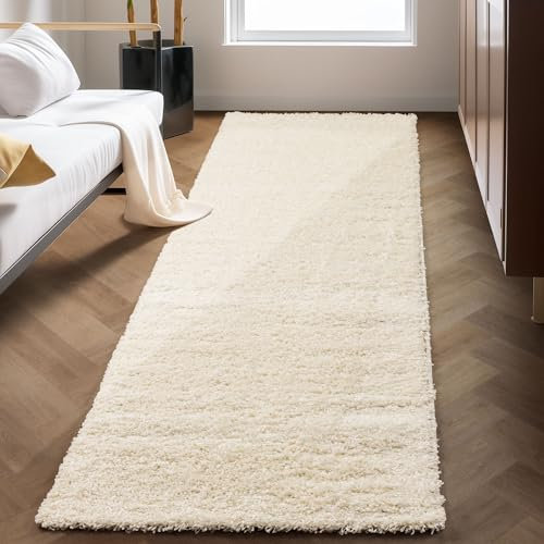 Carpettex Shaggy-Teppich, Hochflor, Wohnzimmer, Florhöhe 3 cm, einfarbig, Creme, 80 x 250 cm