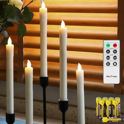 Rhytsing Set of 5 Ivory Battery Operated Taper Candles with Remote, LED Dinner Candles, Push Button, Dripping Wax Finish, Warm White Light, Batteries Included