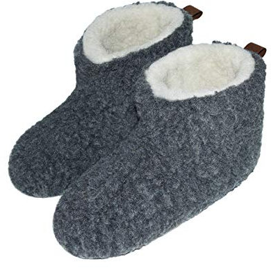 Moro-Design Hausschuhe Hüttenschuhe Lammfell Schafwolle Schaffell Leder Dunkel Grau Gr.35-48 (40)