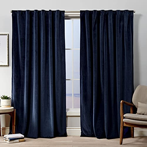 EXCLUSIVE HOME Velvet Heavyweight Light Filtering Hidden Tab Top Curtain Panel Pair, 52x84, Navy